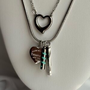 Layered Turquoise and Silver Heart Charms, Pendant Necklace